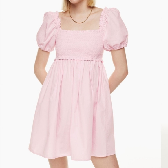 Aritzia Dresses & Skirts - Aritzia Sunday Best Mini Smocked Babydoll Dress Small Pink & White Strip…
